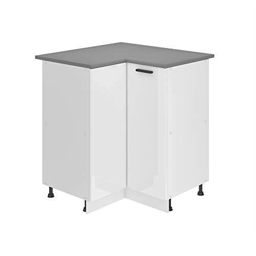 Belini Unterschrank Küche, Küchenunterschrank 90 cm Breite. SNP Küchenunterschrank mit Arbeitsplatte. Eckschrank Küche mit 1 Tür, Weiß Hochglanz