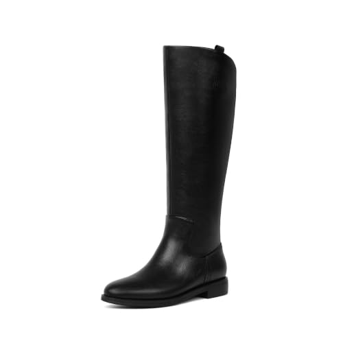 Image of Modatope Knee High Boots Women Rounded Toe Flat Retro Bais Opening Low Chunky Heel Riding Boots