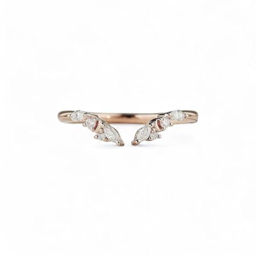 Chevron Moissanite Wedding Band for Women 14k Rose Gold Open Leaf Ring Marquise Cut Stacking V Shape Band Nature Inspired Jewelry Gift for Her