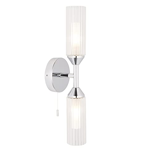 Image of Chrome Plated Twin Bathroom Wall Light - Ribbed Glass Shade & Frosted Diffuser | Chrome Plate & Clear/Frosted Ribbed Glass Finish - Bulb Not Included - Requires 2 x 3W LED G9 - Non-Dimmable Lighting