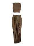 ZAFUL Women's Casual Sleeveless Summer Two Piece Outfits Solid Crop Top and Draped Ruched Maxi Skirt Set Solid Suiting (B-Brown, L)