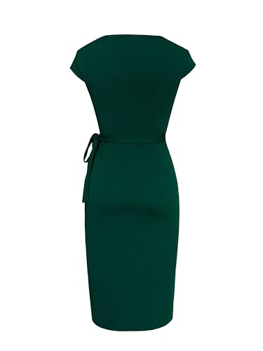 Image of Women's Vintage Cap Sleeves Asymmetrical Neckline Sheath Bodycon Casual Work Cocktail Party Pencil Faux Wrap Dresses