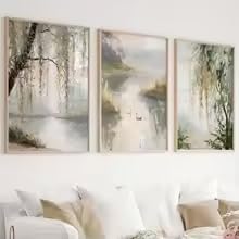 1/3 Stück Leinwanddrucke Poster „Bohemian Countryside Sage Green Willow Tree“ (70x100cmx3/Ungerahmt)