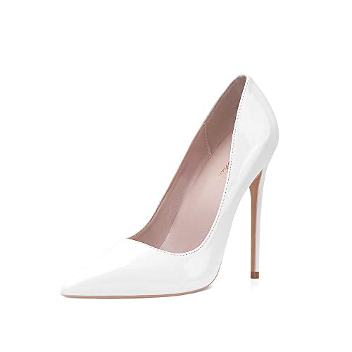 GENSHUO Zapatos de Tacón Alto para Mujer 10 cm,Sexy Tacón de Aguja con Punta Puntiaguada para Fiestas Boda Oficina Stilettos High Heels Tacones de Aguja Blanco,Talla EU 42