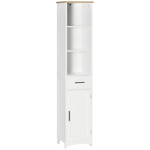 kleankin Armario de Baño con 1 Cajón 1 Puerta 3 Estantes Abiertos y Balda Interior Ajustable Mueble Auxiliar de Almacenaje para Salón Aseo Dormitorio 34x30x163 cm Blanco