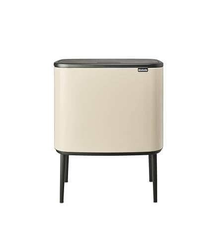 Image of Brabantia Bo Touch Top Kitchen Trash Can with Three Compartments & Raised Legs | Soft Beige | 3 x 3 Gal Inner Buckets | Soft-Close Garbage Can, Stay-Open Lid | Fits Against Wall | + Trash Bags