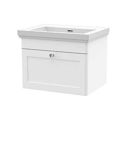 Image of nuie CLC194H Classique Traditional Bathroom Wall Hung 1 Drawer Vanity Unit & 0 Tap Hole Fireclay Basin, 600mm, Satin White