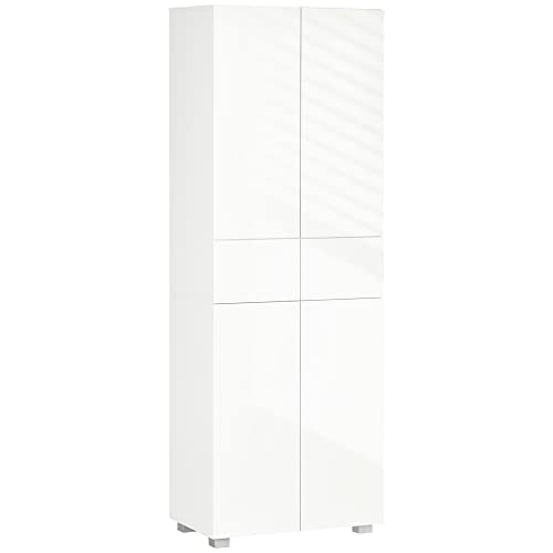 HOMCOM Dispensa Cucina con 4 Ante, 3 Ripiani Regolabili e Mensole a 5 Livelli in MDF e Truciolato, 60x35x170 cm, Bianco Lucido