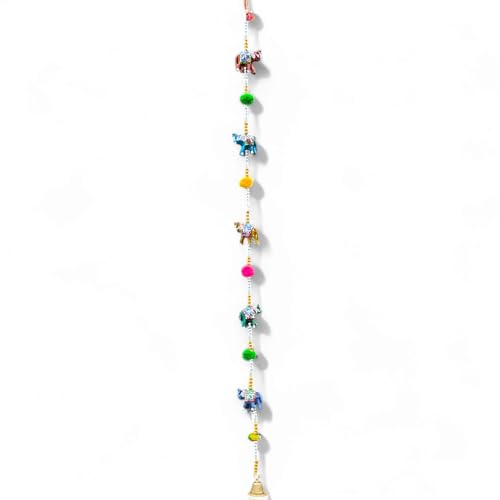 Adorno de elefante étnico Kalamkari, multicolor, pintado a mano, para colgar en la puerta, decorativo, cinco cuerdas, con cuentas y campanilla de viento