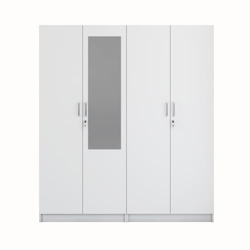 Image of VIKI Wardrobe | Wooden Almirah for 4 Door with Shelves & 2 Hanging Space Mirror Wardrobe (Frosty White - 40D x 160W x 180.8H) | 1 Year Warranty | Free Assembly