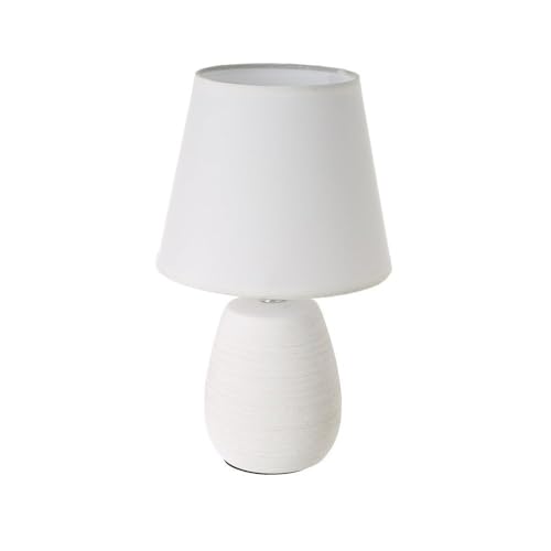 LOLAhome - Lámpara de mesa rústica de cerámica blanca con textura rugosa de Ø 17x27 cm. Tulipa de algodón para una luz cálida y acogedora en dormitorios o salones con un estilo natural.