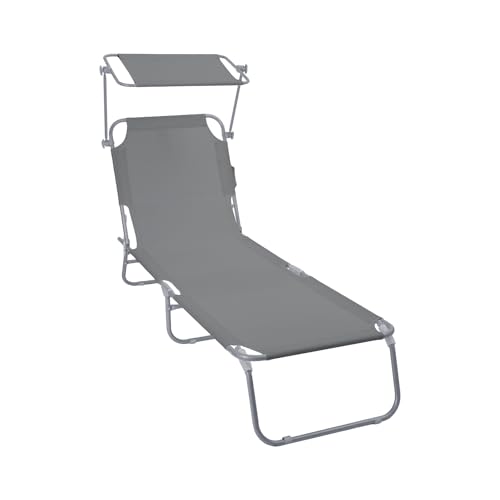 vounot® Chaise Longue avec Pare Soleil Bain de Soleil Pliable Tissu Polyester Inclinable 4 Positions Transat Charge Max 120KG pour Jardin Terrasse Piscine Plage Camping Gris