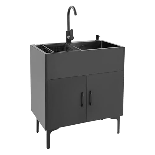 Lavello con mobiletto, lavello da cucina autoportante con base e rubinetto, mobile in acciaio inox con 1 vasche da bagno, mobiletto (nero)