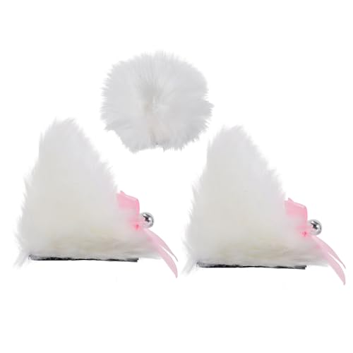 Housoutil Motorcycle Helmet with Bells Cat Ears and Tail Plush Decoration 3pcs White Cloth Material , Simple Operation Lovely Chic Design Accessories