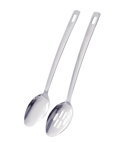 XIAOXGXF 14.5 INCHES Long Handle Stainless Steel Serving Spoon Slotted Spoons Cooking Spoon Kitchen Spoon(Set of 2)