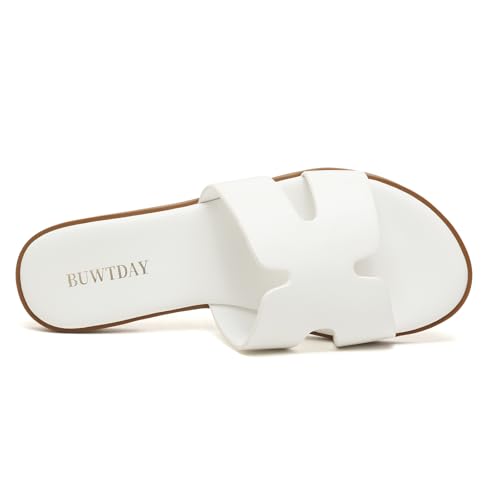 Image of Womens Flat Sandals Dressy Summer Slides Comfortable Casual Open Toe Vacation Sandals Slip On Slides Leather Sandals for Women