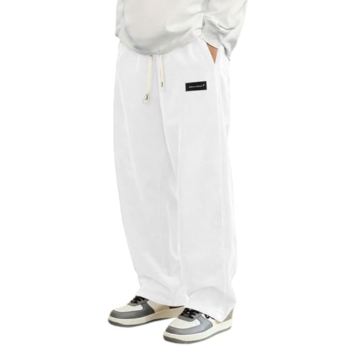 Mens Corduroy Pants Baggy Straight Wide Leg Casual Pants Drawstring Elastic Waist Loose Fit Sweatpants with Pockets
