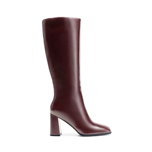 DREAM PAIRS Knee High Boots for Women Square Toe Gogo Chunky Heel with Side Zip,Size 9,Burgundy,SDKB2407W