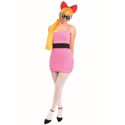 DISFRAZ OFICIAL DE POWERPUFF GIRLS BLOSSOM CON LICENCIA. TRAJE ICÓNICO DE PERSONAJE DE DIBUJOS ANIMADOS DE LOS 90 VESTIDO ROSA, MEDIAS BLANCAS, GAFAS ROSAS Y PELUCA. TALLA: X-PEQUEÑO