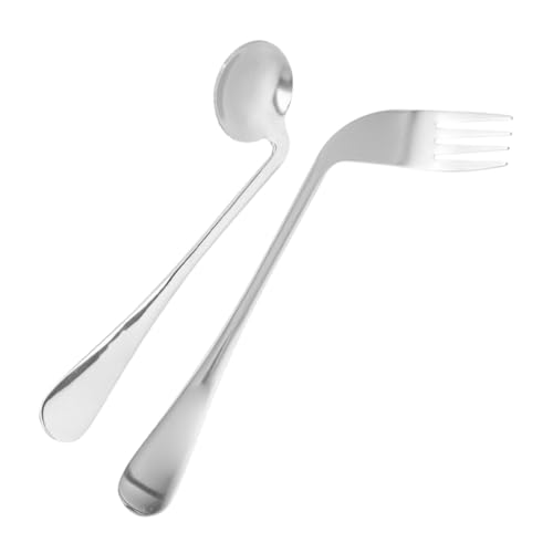 KAILIKETIY 高齢者用湾曲フォークセット ステンレス製斜めフィーディングフォークとスプーン 人間工学デザインの補助食器 ベッドの食事に 患者向け食事サポート用具 1set