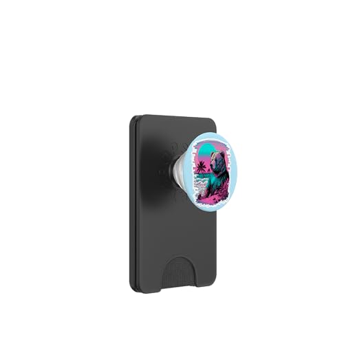 Vaporwave Synthwave Surfer Bear Beach Grizzly Surfing 80s PopSockets PopWallet per MagSafe