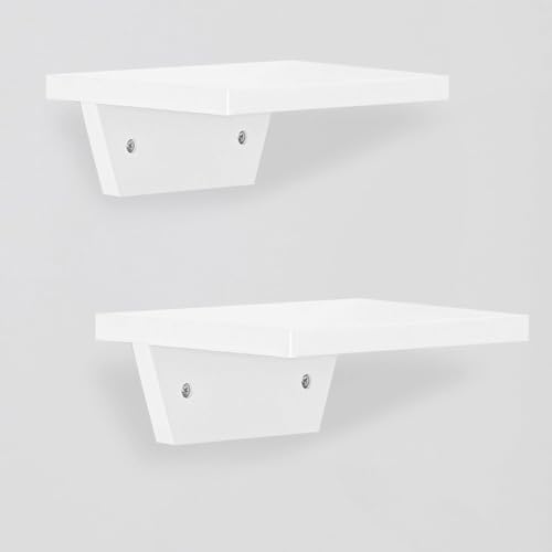 Dence Store Modern Floating Wall Shelf Set of 2, Wooden Wall Mounted Shelves for Living Room, Bedroom & Bathroom, Space Saving Display Rack, Heavy Duty Invisible Bracket (White)