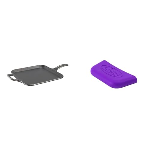Lodge BOLD 12 Inch Seasoned Cast Iron Square Griddle + Lodge BOLD Silicone Assist Handle Holder - Vivid Purple - image 1