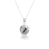 GEMKORA Real Dendrite Opal Crystal Pendant Necklace, Natural Gemstone, Birthstone, Bezel Setting, Cabochon Round Crystal, Healing Stone, Gift for Women, Silver Plated Jewelry 18 inch