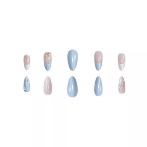 Image of Ocean Shell Press on Nails French Tip Fake Nails with Star Pearl Design 3D Summer Glue on Nail Medium Almond False Nail Glossy Artificial Acrylic Full Cover Stick on Nails for Women Manicure 24Pcs