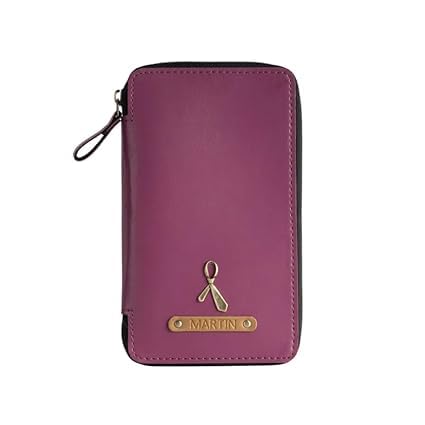 Image of Personalized Leather Passport Holder | Custom Travel Wallet with Zipper, Name & Charm | Durable Genuine Leather Organizer for Travel Documents & Cards (Purple)