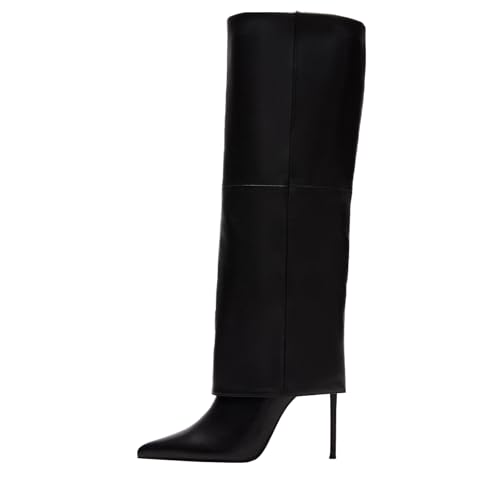 Women's Stiletto Heel Knee High Boots Pointed Toe Slip On Folding Boots For Women Dress Tall Boots Party Fashion Boots