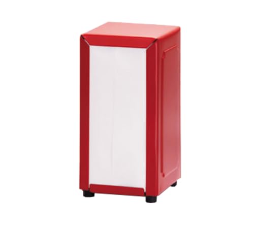 Image of TableCraft 2211 Napkin Dispenser, 4-1 /4 inch x 3-3 /4 inch x 7-1 /2 inch, fits 3-3 /8 inch x 6-5 /8 inch Napkins, Full Size, Double Sided, Dishwasher Safe, Stainless Steel, red