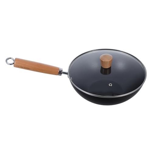 Sartén wok de hierro sin recubrimiento con tapa y mango de madera miniatura 1
