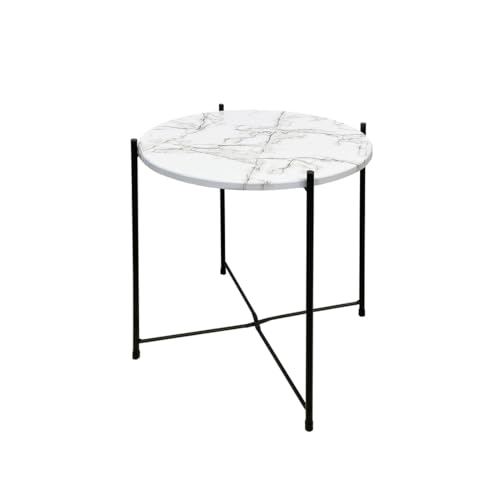 Acomoda Textil – Mesa Auxiliar Plegable de Metal para Recibidor, Salón y Oficina. Mesita de Café Redonda para Centro con Bandeja Extraíble Decorativa, Cómoda y Ligera 40x51 cm. (Marmol Blanco)