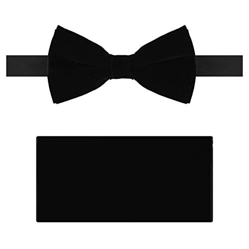 Dan Smith Black Bowties For Wedding Clip-On Adjustable Bow Tie Hankies Set Black C.C.O.AK.003 Solid Pure Velvet