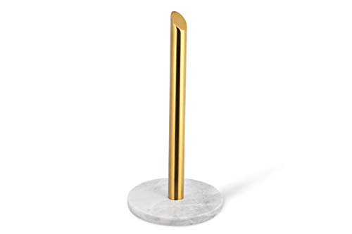 ROOMOXIE Marble paper towel holder stand angled golden steel rod with natural white marble base, paper towel holder countertop 13 inch - heavy duty weighted paper towel holder