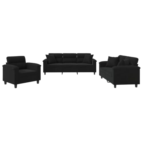 vidaXL Sofagarnitur 3-TLG., Sessel Couch mit Kissen, Sofa Wohnzimmersofa mit Armlehnen, Couchgarnitur Designsofa Sitzmöbel Polstermöbel, Schwarz Mikrofasergewebe