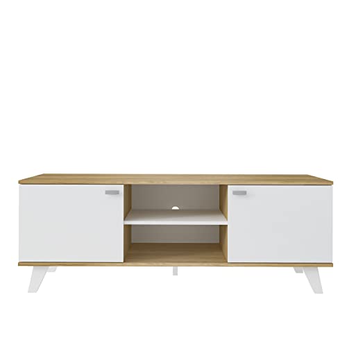 MOMMA-HOME-Mueble-TV-Salon-Mesa-de-television-2-Puertas-y-Baldas-centrales-Acabado-en-Roble-y-Blanco-Patas-de-Madera-Modelo-QUIATUR-140-cm-Largo-x-51-cm-Alto-x-40-cm-Fondo