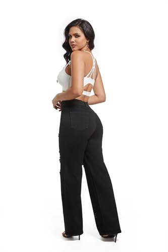 Women's Ripped Loose Wide-Leg Jeans High Waist Elastic Solid Color Casual Fashion Straight Trousers3