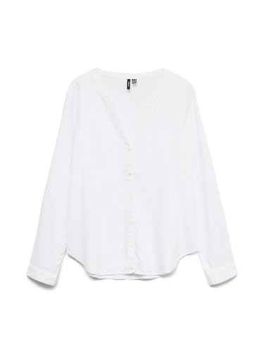 VERO MODA Blusa Dama Lino-Viscosa Mix con Elegante Botonadura y V-Cuello Femenino., Color:Blanco, Talla:L