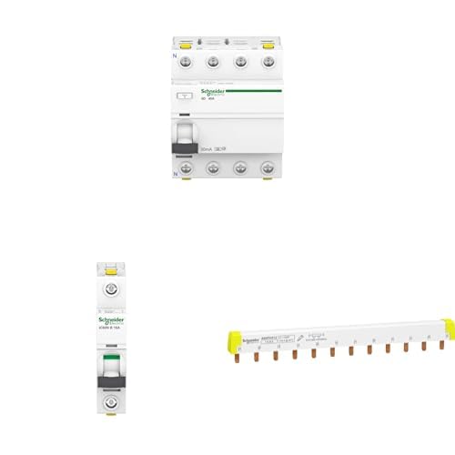 Bundle aus Schneider Electric Fehlerstrom-Schutzschalter IID 4P 40A 30MA TYP A, A9Z21440 + Leitungsschutzschalter IC60N 1P 16A B, A9F03116, 16 Ampere + A9XPH312 Phasenschiene Steg, 3P, 12 TE, 100A