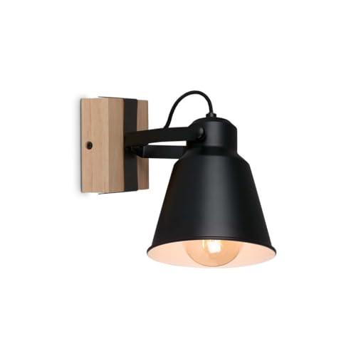 BRILONER - Aplique de pared retro con madera, 1 foco, vintage, casquillo E27, máximo 40 W, pantalla ajustable, aplique rústico, color negro y madera
