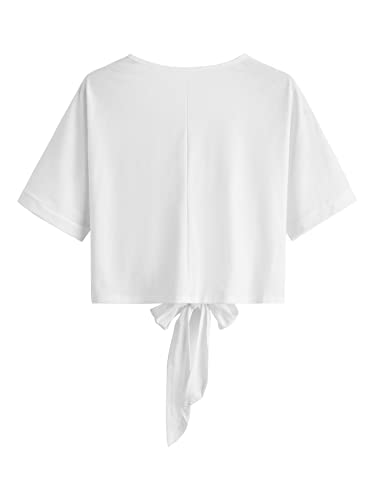 Sweatyrocks Women's Floral Embroidered Short Sleeve Crop Top T-Shirt Tie Front Blouse Top White S #TOP1