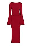 PRETTYGARDEN Maxi Dresses for Women 2025 Elegant Classy Fall Long Bell Sleeve Ruched Bodycon Fitted Cocktail Party Slit Dress (Red,Small)