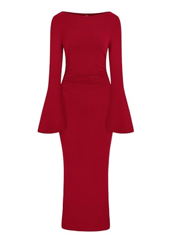 PRETTYGARDEN Maxi Dresses for Women 2025 Elegant Classy Fall Long Bell Sleeve Ruched Bodycon Fitted Cocktail Party Slit Dress (Red,Small)