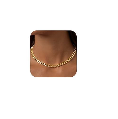 WomenGifts 5mm Cuban Link Chain Necklace for Women 14 Inch Medium Width Gold Choker Trendy Simple 14K Gold Plated Stainless Steel Non Tarnish Everyday Layering Fashion Jewelry Gift for Her