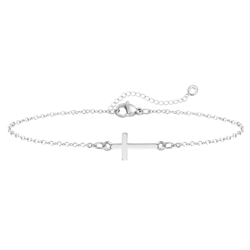 Emibele Bracelet Croix en Argent pour Femme, Chaîne Croix Réglable Plaquée Or 14K, Bracelet Croix en argent Fin et Lisse, Bijoux Religieux Chrétiens Cadeau...