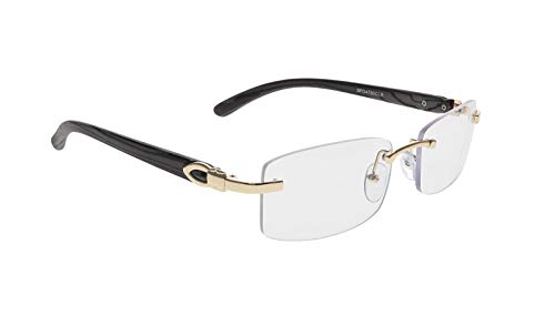 Elite Slim Rimless Rectangular Metal & Wood Art Aviator Sunglasses (Gold Black Arm)3