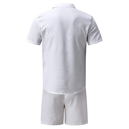 Men's Cotton Linen 2 Piece Outfit Set Summer Casual Button Down Short Sleeve Hawaiian Shirts and Shorts White Beach Suit4