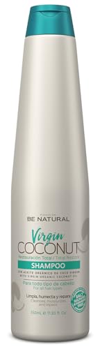 BE NATURAL. Virgin Coconut. Champú con Aceite de Coco. Restauración total. Hidrata y regenera tu cabello. Deja el pelo suave, manejable y brillante. Contenido 350 ml.